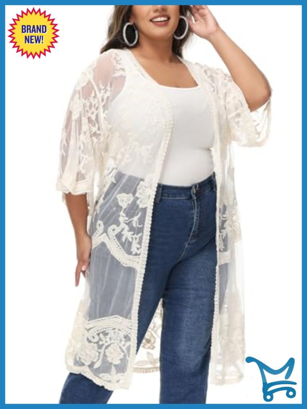 Plus Size Lace Cardigan Embroidered Long Kimono Duster Half Sleeve